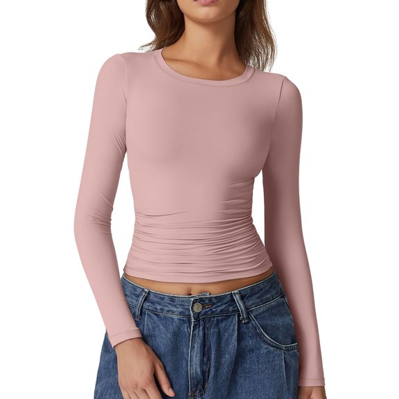 SAATLERI Long Sleeve Shirts for Women Slim Fit Crew Neck Going Out Tops for Women Solid Color Basic Tees Trendy Fashion Fall Outfits