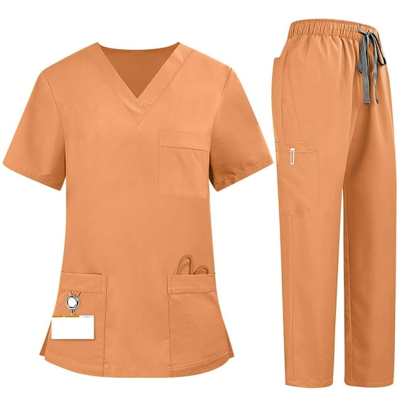 SAATLERI Medical Nurse Uniform for Women 2 Piece Solid Scrubs Set Lightweight Comfy Short Sleeve V-Neck Elastic Drawstring Waist Pants