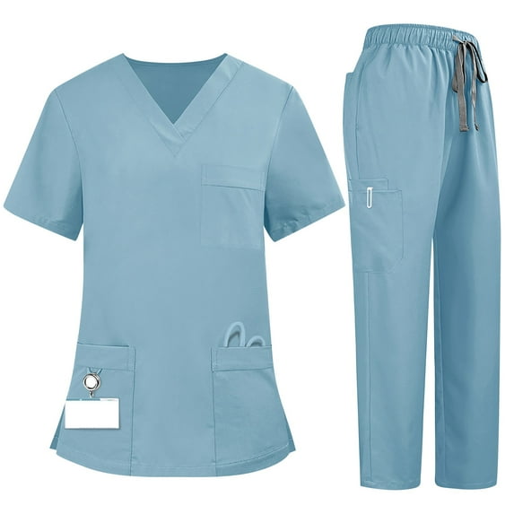 SAATLERI Medical Uniforms & Scrubs for Women Set Stretchy V-Neck Top and Wide Leg Pants Nursing Workwear with Pockets