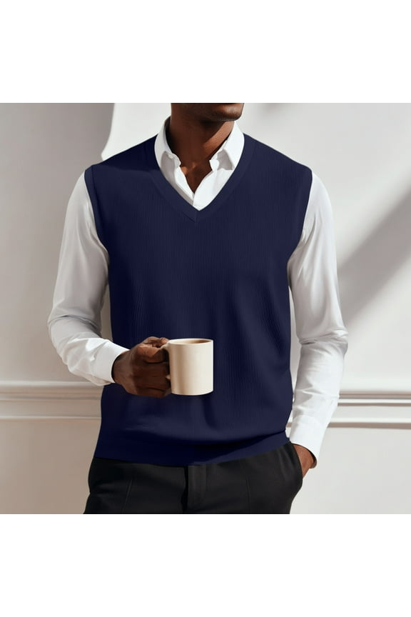 Men Vest V-Neck Sleeveless Sweater Vest Solid Color Knit Vest Classic Pullover Style Relaxed Fit Knitwear Vest