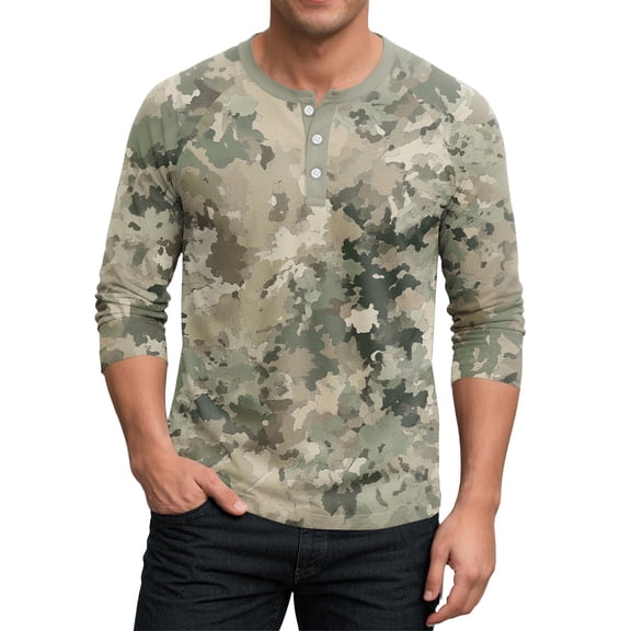 SAATLERI Men's Slim Fit Casual Raglan 3/4 Sleeve Henley Camouflage Baseball Jersey Fashion T Shirt