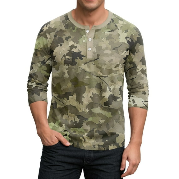 SAATLERI Men's Slim Fit Casual Raglan 3/4 Sleeve Henley Camouflage Baseball Jersey Fashion T Shirt