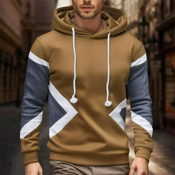 SAATLERI Mens Hoodie Multicolor Panel Fall Loose Fit Sweatshirt Long Sleeve Fleece Drawstring Fashion Sports Pullover