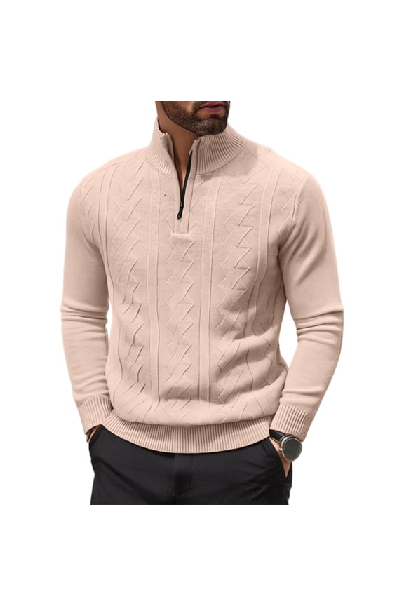 Mens Quarter Zip Pullover Long Sleeve Cable Knit Mock Neck Polo Soft Casual Pullover Sweaters