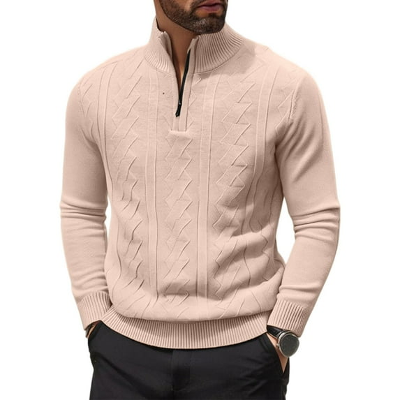 SAATLERI Mens Quarter Zip Pullover Sweater Casual Mock Neck Slim Fit Checkered Knitted Polo Sweaters