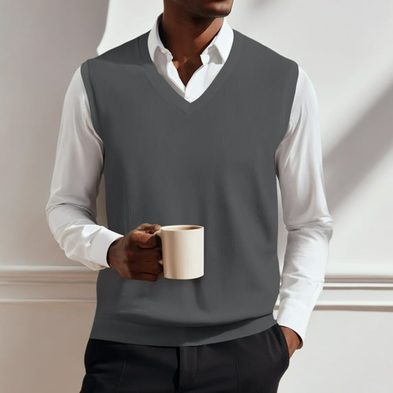 SAATLERI Mens Vests Casual V Neck Knitted Sleeveless Pullover Sweaters Knitwear Solid Plain Slim Fit All Match Business Tops