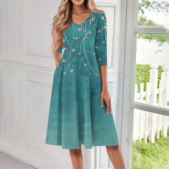 SAATLERI Midi Dresses for Women 3/4 Sleeve V Neck Boho Floral Print Sundresses for Women Lightweight A-Line Cocktail Loose Casual Midi Dress with Pocket