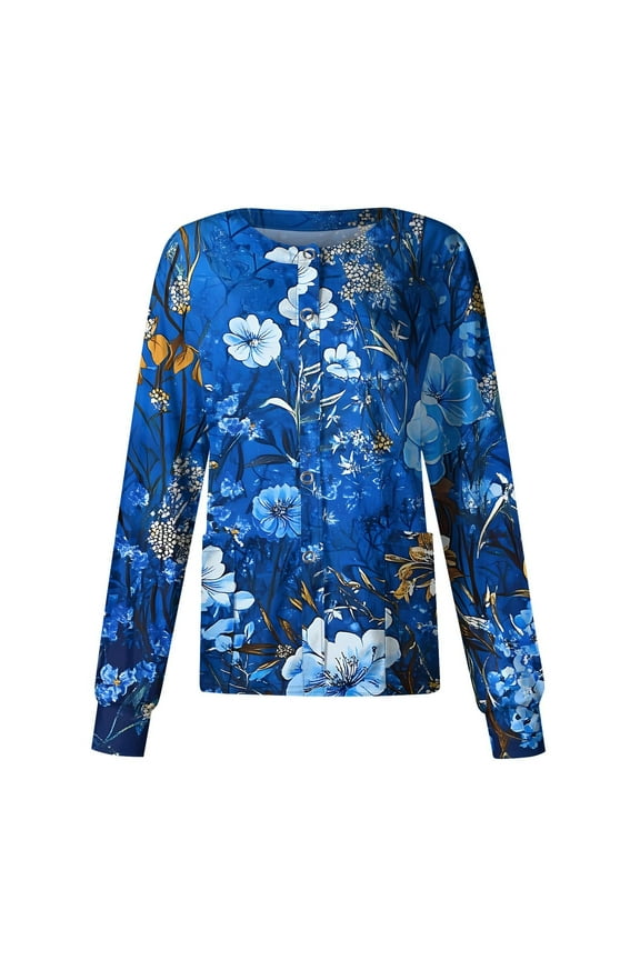 Nurse Jackets for Women Scrub Long Sleeve Snap Front Nursing Uniform Floral Print Working Scrub Jacket for Women Lightweight Coat