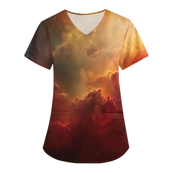 SAATLERI Nurse Scrub Tops Short Sleeve Stretch Women's Galaxy Print Medical Uniforms V-Neck Scrub Shirts Comfy Breathable Workwear