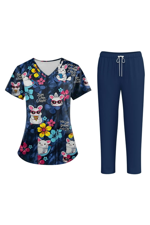 Nursing Scrubs for Women Sets Soft Comfy Printed Medical Scrubs Top and Pants V-Neck Stretch Medical Working Uniforms Set