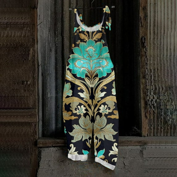 SAATLERI Overalls for Women 2025 Vintage Boho Floral Rompers for Women Loose Fit Adjustable Straps Wide Leg Jumpsuit with Pockets