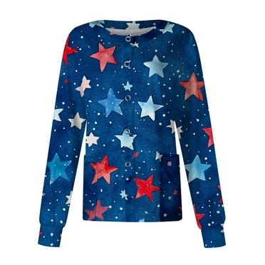 SAATLERI Patriotic Medical Scrub Jackets for Women 4th of July Flag Print Scrub Top Lightweight Independence Day Nursing Uniform Healthcare Workwear with Pockets