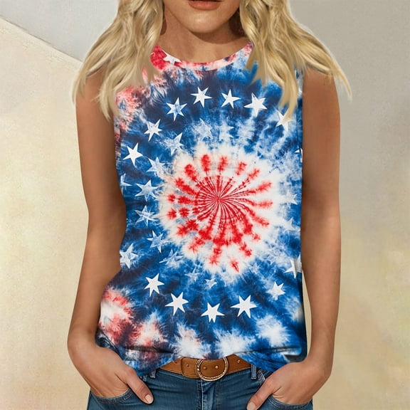 SAATLERI Patriotic Tank Tops for Women 2025 4th of July Shirts Crewneck Loose Fit American Flag Summer Tops