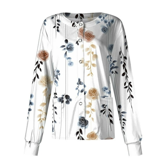 SAATLERI Plus Size Medical Scrub Jackets for Women Floral Print Lightweight Stretch Scrubs Top Nurse Uniform Open Front Workwear with Pockets