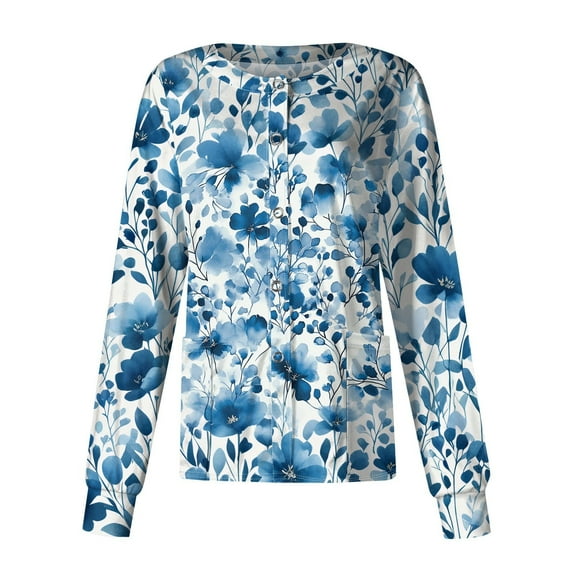 SAATLERI Plus Size Nurse Jackets for Women Floral Print Open Front Scrub Tops Lightweight Stretch Scrub Jacket Medical Nursing Uniforms with Pockets