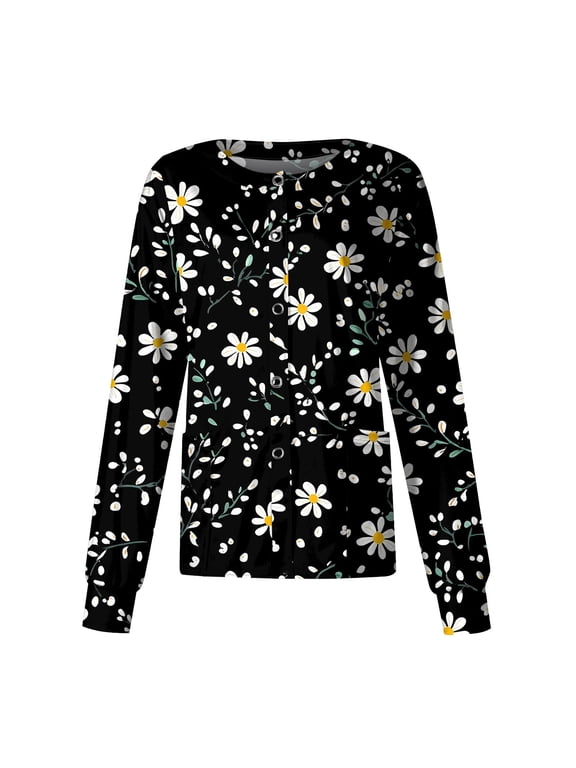 Plus Size Nurse Jackets for Women Floral Print Open Front Scrub Tops Lightweight Stretch Scrub Jacket Medical Nursing Uniforms with Pockets