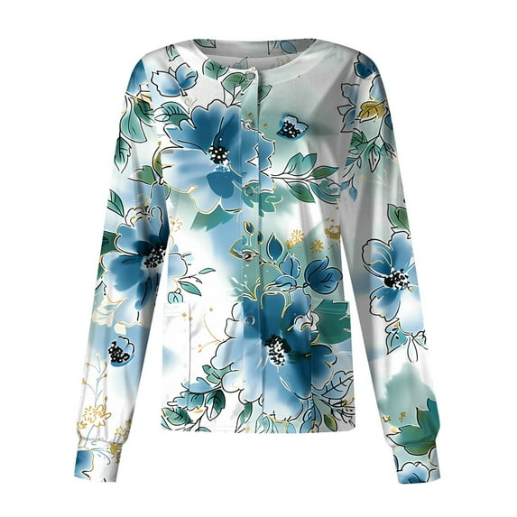 SAATLERI Plus Size Scrub Jackets for Women Floral Print Long Sleeve Long Button Down Nurse Uniform Vintage Stretch Polyester Lightweight Nurse Scrubs