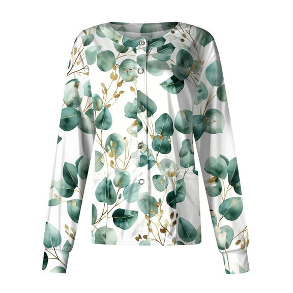 SAATLERI Plus Size Scrub Jackets for Women Floral Print Long Sleeve Long Button Down Nurse Uniform Vintage Stretch Polyester Lightweight Nurse Scrubs