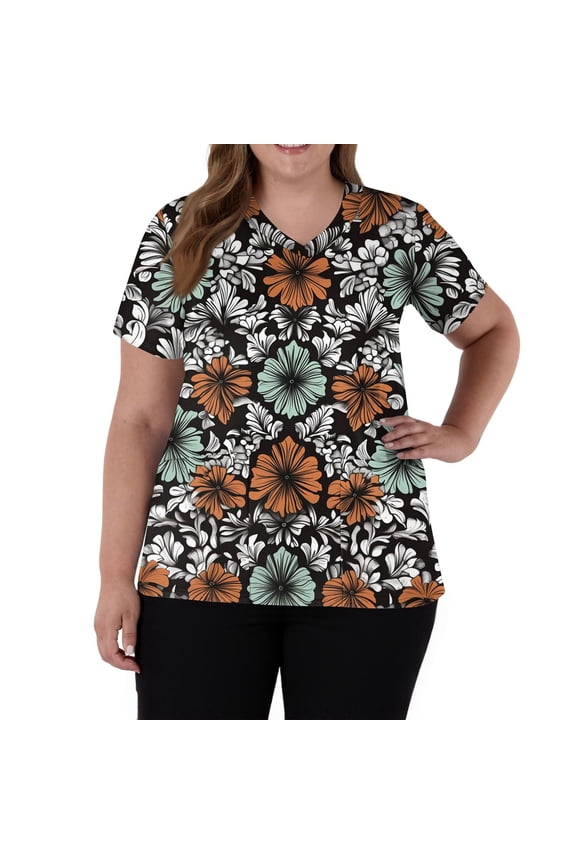 Plus Size Scrub Tops Women Stretchy Short Sleeve V-Neck Funny Floral Print Medical Nurse Uniforms Scrubs Shirt with Pockets
