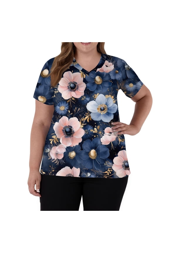 Plus Size Scrub Tops Women Stretchy Short Sleeve V-Neck Funny Floral Print Medical Nurse Uniforms Scrubs Shirt with Pockets
