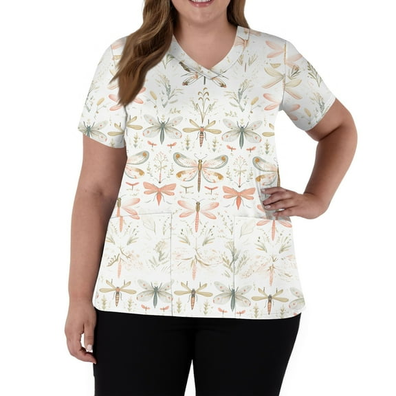SAATLERI Plus Size Scrub Tops Women Stretchy Short Sleeve V-Neck Funny Floral Print Medical Nurse Uniforms Scrubs Shirt with Pockets