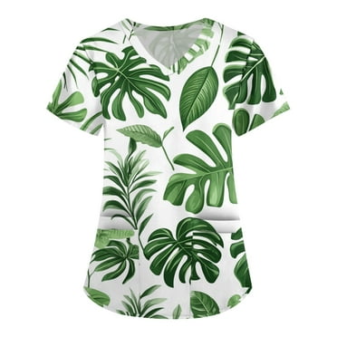 SAATLERI Plus Size Scrub Tops for Women Hawaiian Printed V-Neck Stretchy Nursing Shirts Holiday Scrub Tops Healthcare Workwear