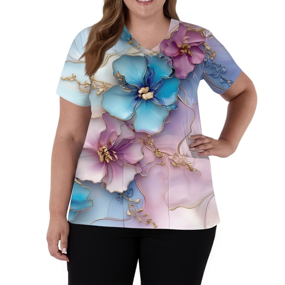 SAATLERI Plus Size Scrubs for Women Fashion Short Sleeve V-Neck Cute Floral Print Medical Uniforms Scrub Tops Shirt with Pockets