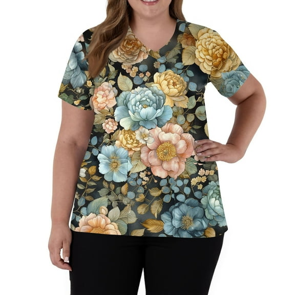 SAATLERI Plus Size Womens Scrubs Fashion Short Sleeve V-Neck Funny Floral Scrubs for Women Printed Nurse Uniforms Scrub Tops Shirt with Pockets