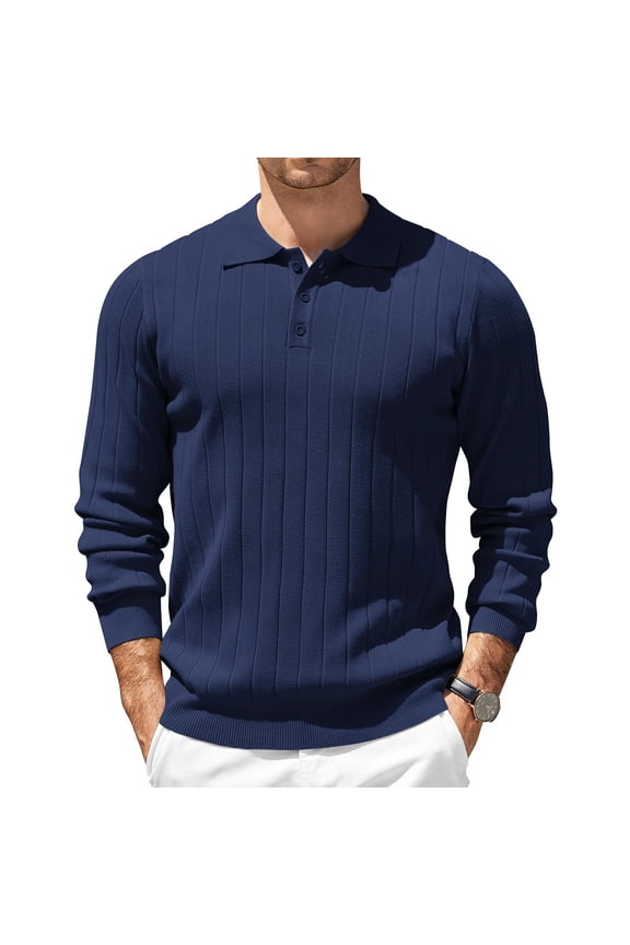 Polo Shirts for Men Knit Slim Fit Long Sleeve Casual Golf T-Shirts Ribbed Knit Soft Lightweight Tees
