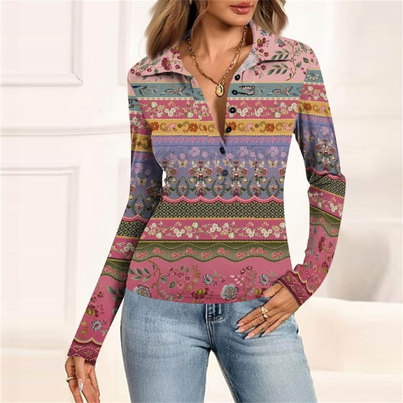 SAATLERI Polo Shirts for Women Small Floral Pattern Long Sleeve Tops V-Neck Button Down Gathered Waist Lightweight Tunic Tops