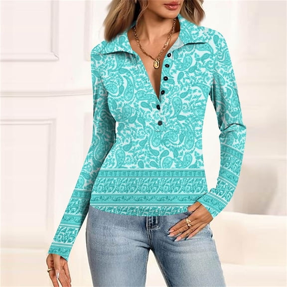 SAATLERI Polo Shirts for Women Small Floral Pattern Long Sleeve Tops V-Neck Button Down Gathered Waist Lightweight Tunic Tops