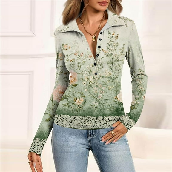 SAATLERI Polo Shirts for Women Small Floral Pattern Long Sleeve Tops V-Neck Button Down Gathered Waist Lightweight Tunic Tops