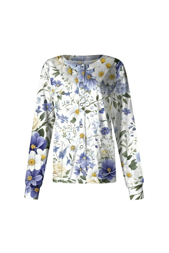 Printed Scrub Jackets for Women Long Sleeve Comfy Medical Floral Pattern Scrubs Top Snap Front Nursing Uniforms with Pockets