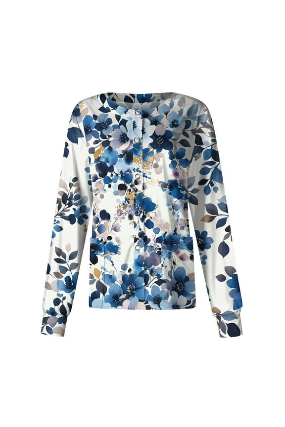 Printed Scrub Jackets for Women Long Sleeve Comfy Medical Floral Pattern Scrubs Top Snap Front Nursing Uniforms with Pockets