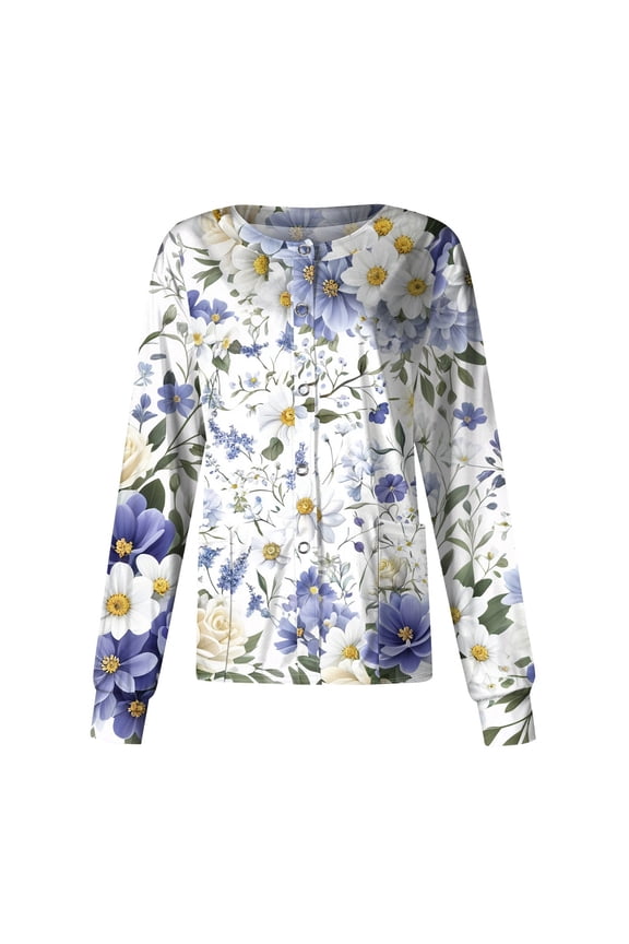 Printed Scrub Jackets for Women Long Sleeve Comfy Medical Floral Pattern Scrubs Top Snap Front Nursing Uniforms with Pockets