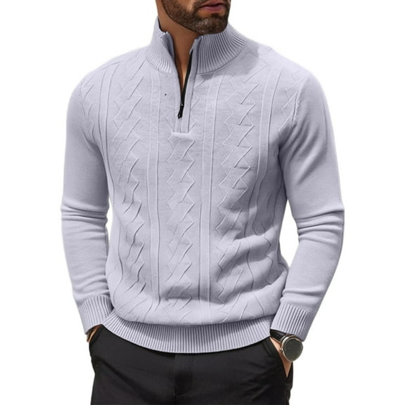 SAATLERI Quarter Zip Pullover Men Cable Knitted Pullover Sweaters Textured Solid Colors Long Sleeve Sweater