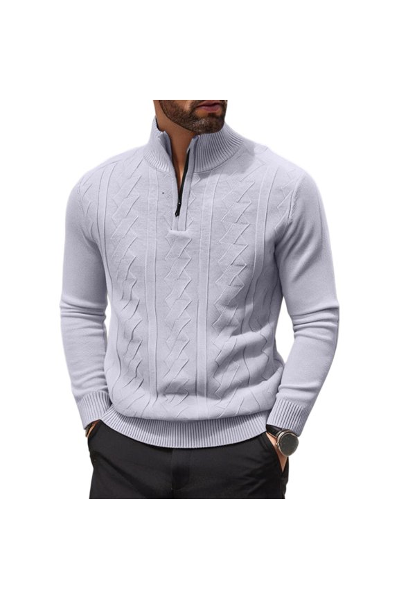 Quarter Zip Pullover Men Cable Knitted Pullover Sweaters Textured Solid Colors Long Sleeve Sweater