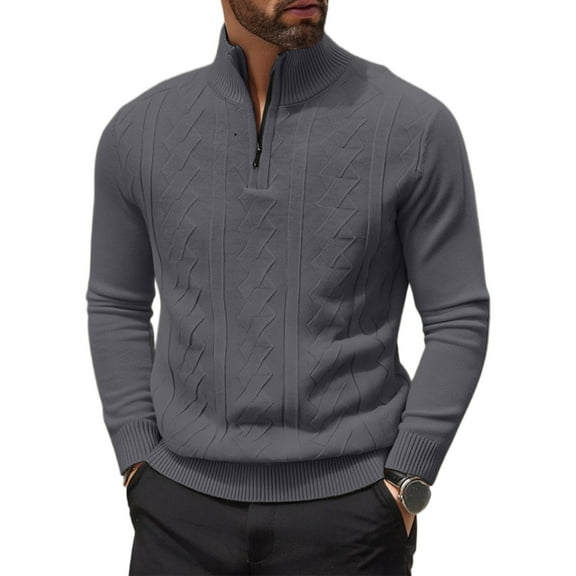 SAATLERI Quarter Zip Pullover Men Cable Knitted Pullover Sweaters Textured Solid Colors Long Sleeve Sweater
