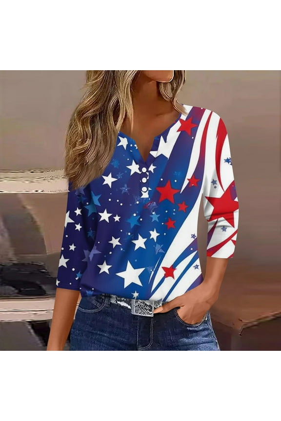 Red White and Blue Shirts for Women Fashion 3/4 Length Sleeves Patriotic Graphic Tops Funny USA Flag Print Button V Neck Tunic Tops Holiday Tee