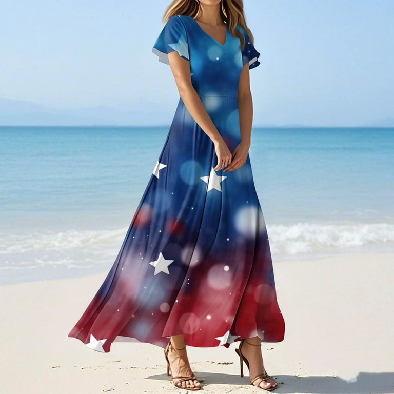 red white and blue plus size dress Saatleri for Women Elegant Maxi 4th of july Dress V Neck Short Sleeve America Clothes Flowy Dresses, Women's, Size Polka dot dress