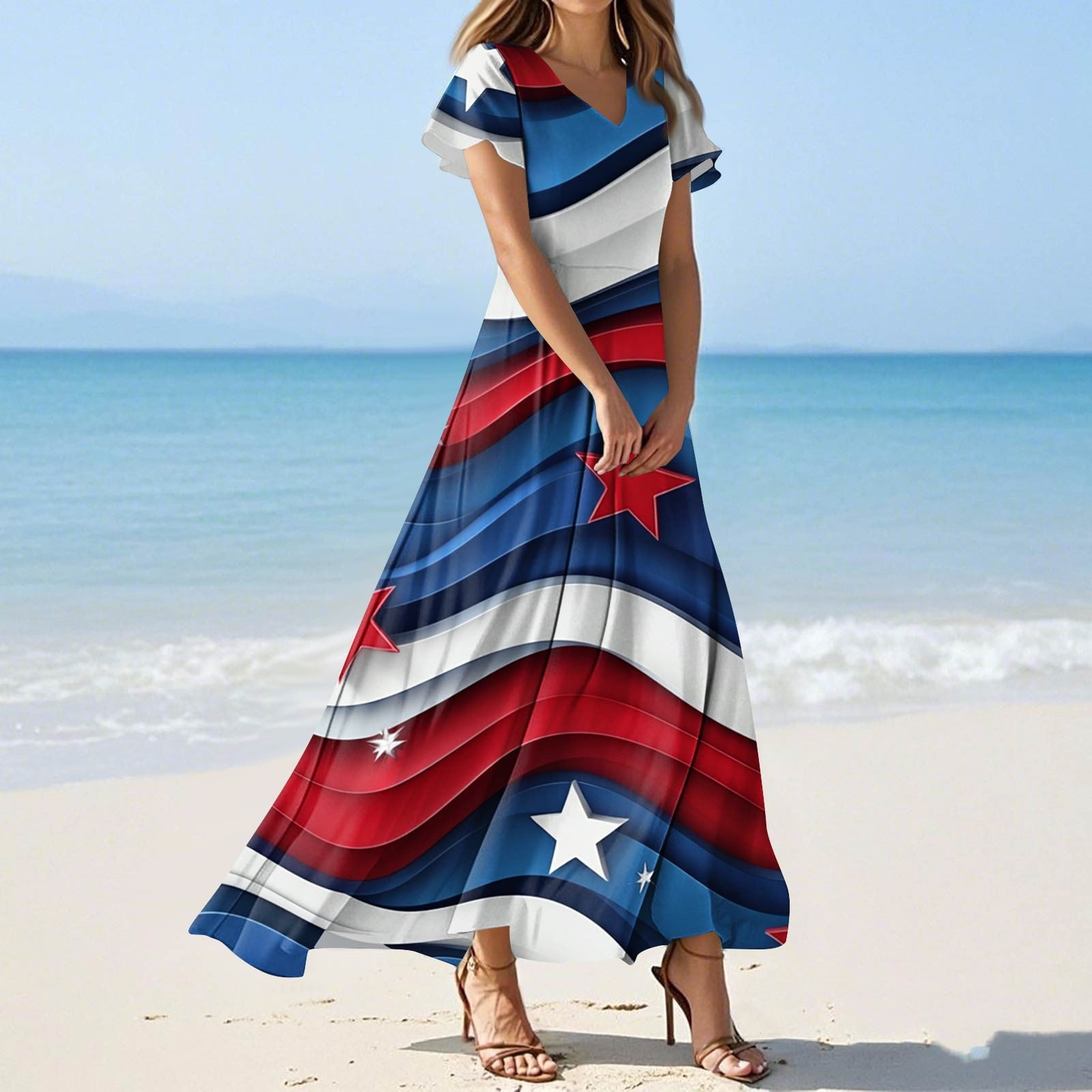 SAATLERI Red White and Blue Dress for Women Flowy American Flag Dress A-Line High Waist V Neck Short Sleeve 4th of july Summer Long Dresses