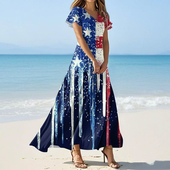 SAATLERI Red White and Blue Dress for Women Flowy American Flag Dress A-Line High Waist V Neck Short Sleeve 4th of july Summer Long Dresses