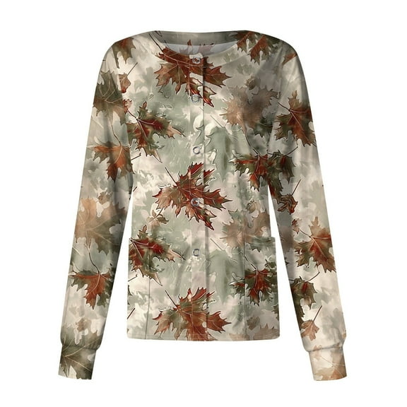 SAATLERI Scrub Jacket Long Sleeve Casual Plus Size Floral Printed Scrub Jackets for Women Working Shirts Button Down Nurse Uniform Shirts Workwear with Pockets