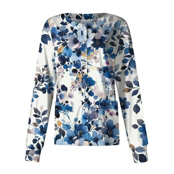 SAATLERI Scrub Jacket Long Sleeve Casual Plus Size Floral Printed Scrub Jackets for Women Working Shirts Button Down Nurse Uniform Shirts Workwear with Pockets