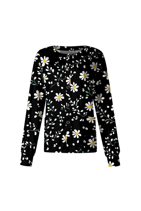 Scrub Jackets for Woman Long Sleeve Fashion Plus Size Floral Print Scrubs Top Button Down Medical Nurse Working Uniforms Workwear with Pockets