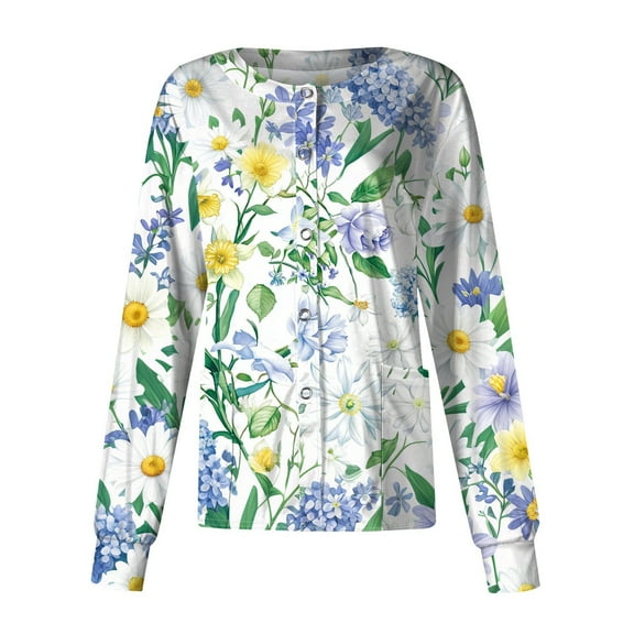 SAATLERI Scrub Jackets for Woman Long Sleeve Stretchy Plus Size Floral Printed Scrubs Top Button Down Medical Nurse Working Uniforms Workwear with Pockets