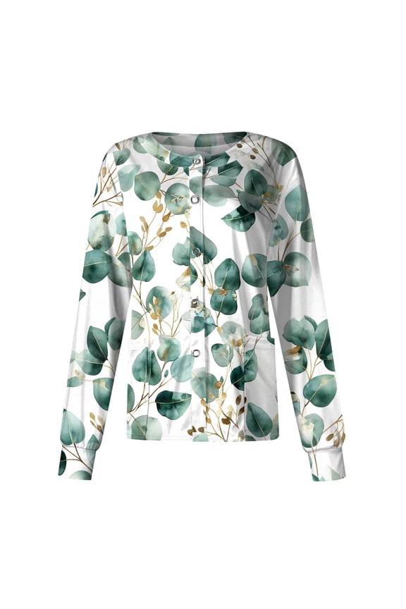 Scrub Jackets for Women Long Sleeve Stretchy Plus Size Floral Printed Scrubs Top Button Down Medical Nurse Working Uniforms Workwear with Pockets