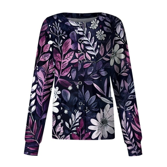 SAATLERI Scrub Jackets for Woman Casual Snap Front Workwear Cute Floral Print Nurse Uniform Long Sleeve Nursing Shirts with Pockets