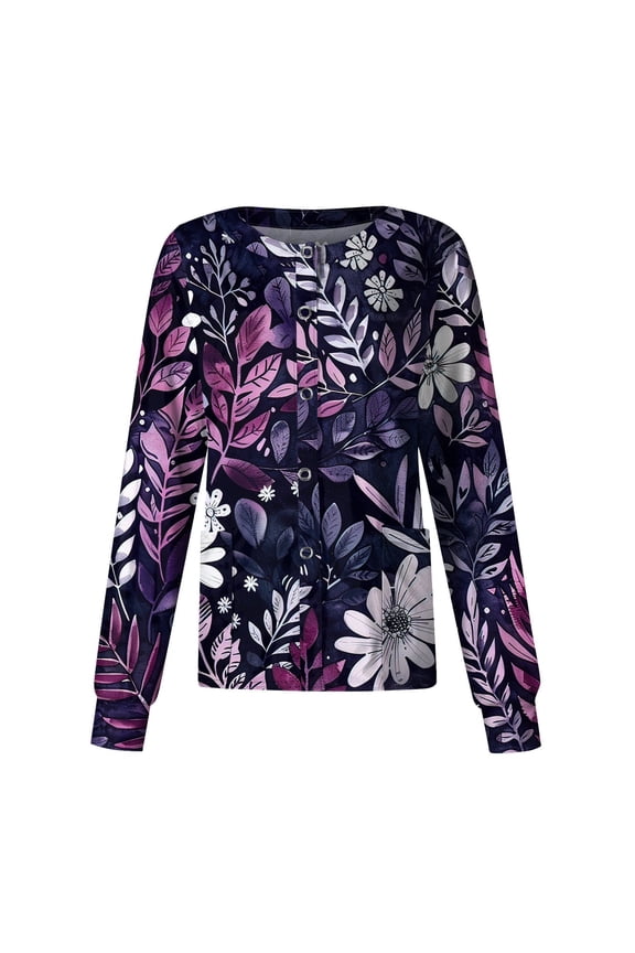 Scrub Jackets for Woman Casual Snap Front Workwear Cute Floral Print Nurse Uniform Long Sleeve Nursing Shirts with Pockets