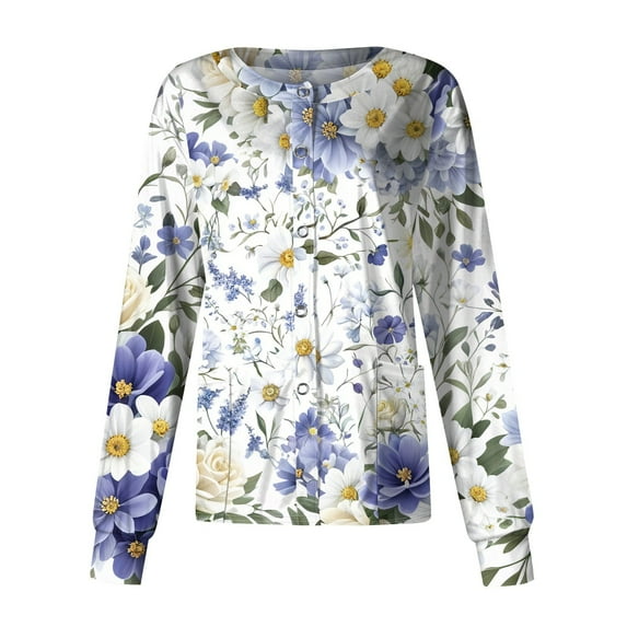 SAATLERI Scrub Jackets for Woman Casual Snap Front Workwear Cute Floral Print Nurse Uniform Long Sleeve Nursing Shirts with Pockets